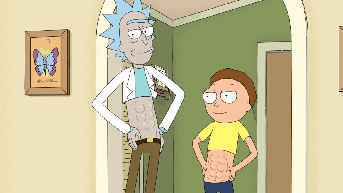rick and morty showing off their abs