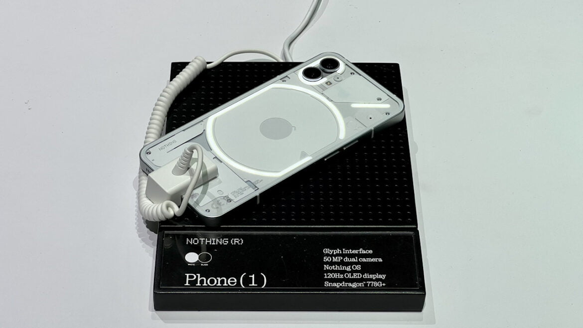 white nothing phone on display at launch event