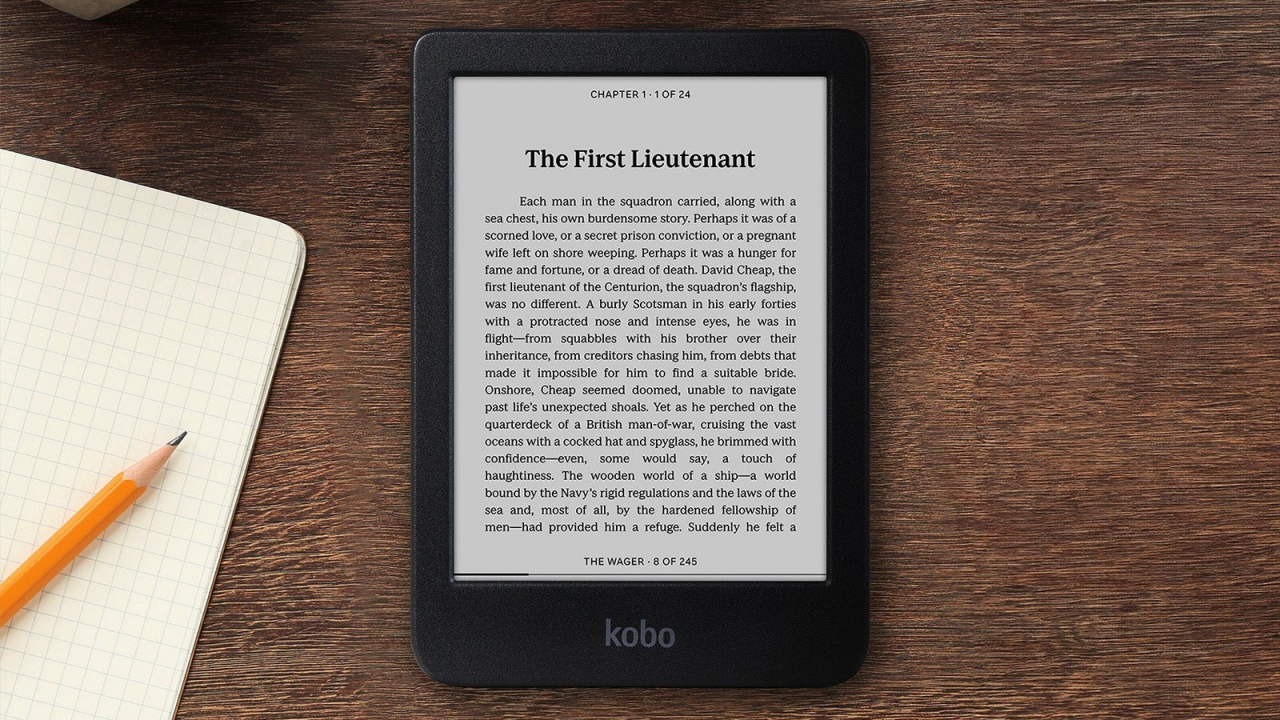 Kobo Clara BW e-reader on a wooden desk