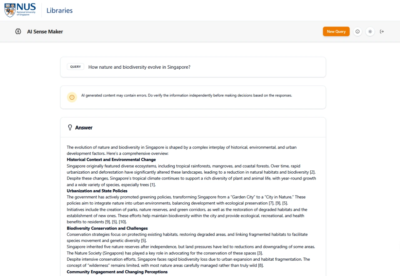 AI Sense Maker generates a summary, complete with references from NUS' digitised sources.