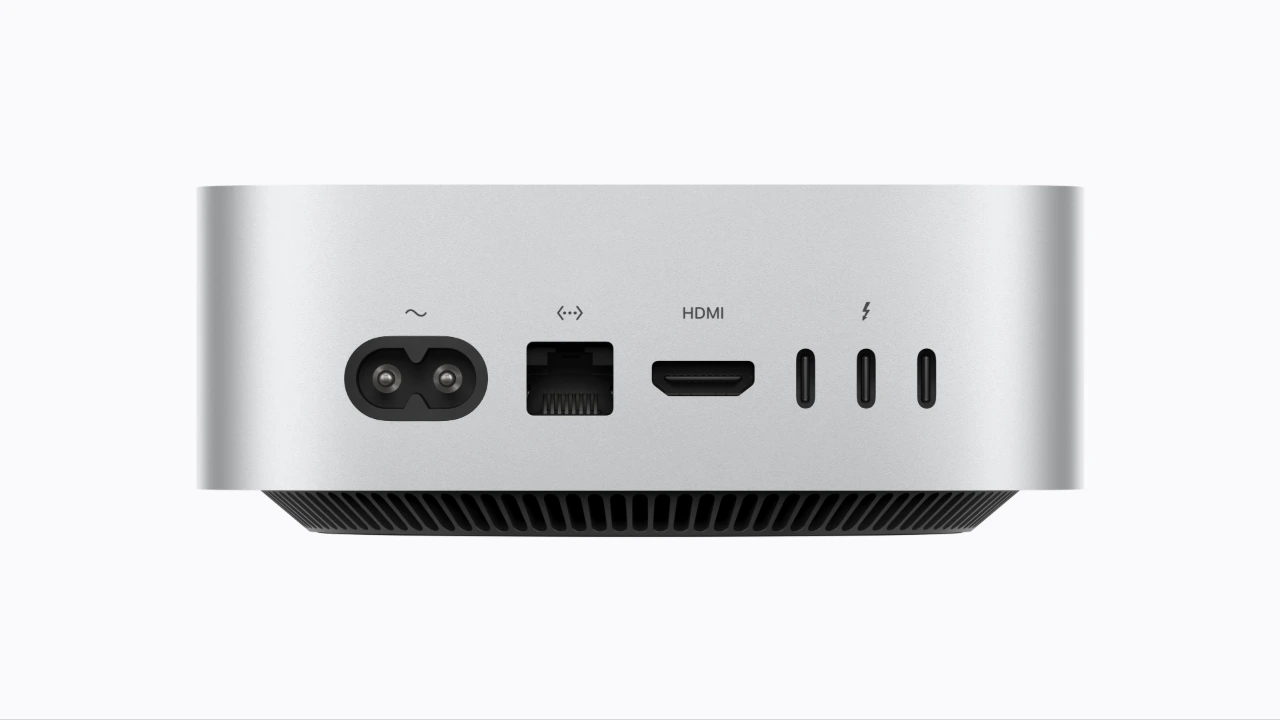 The back of Mac mini is shown, including Thunderbolt 5 ports, HDMI and Ethernet.