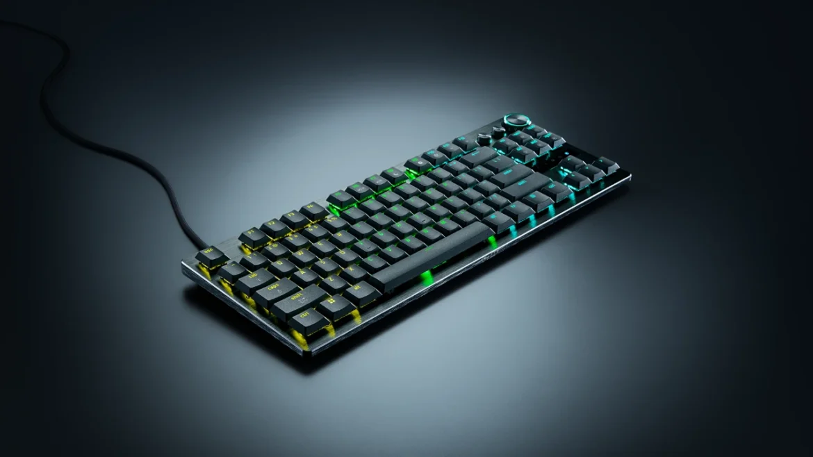 Razer Huntsman V3 Pro Low-profile Tenkeyless 8KHz viewed from an angle with RGB lighting.