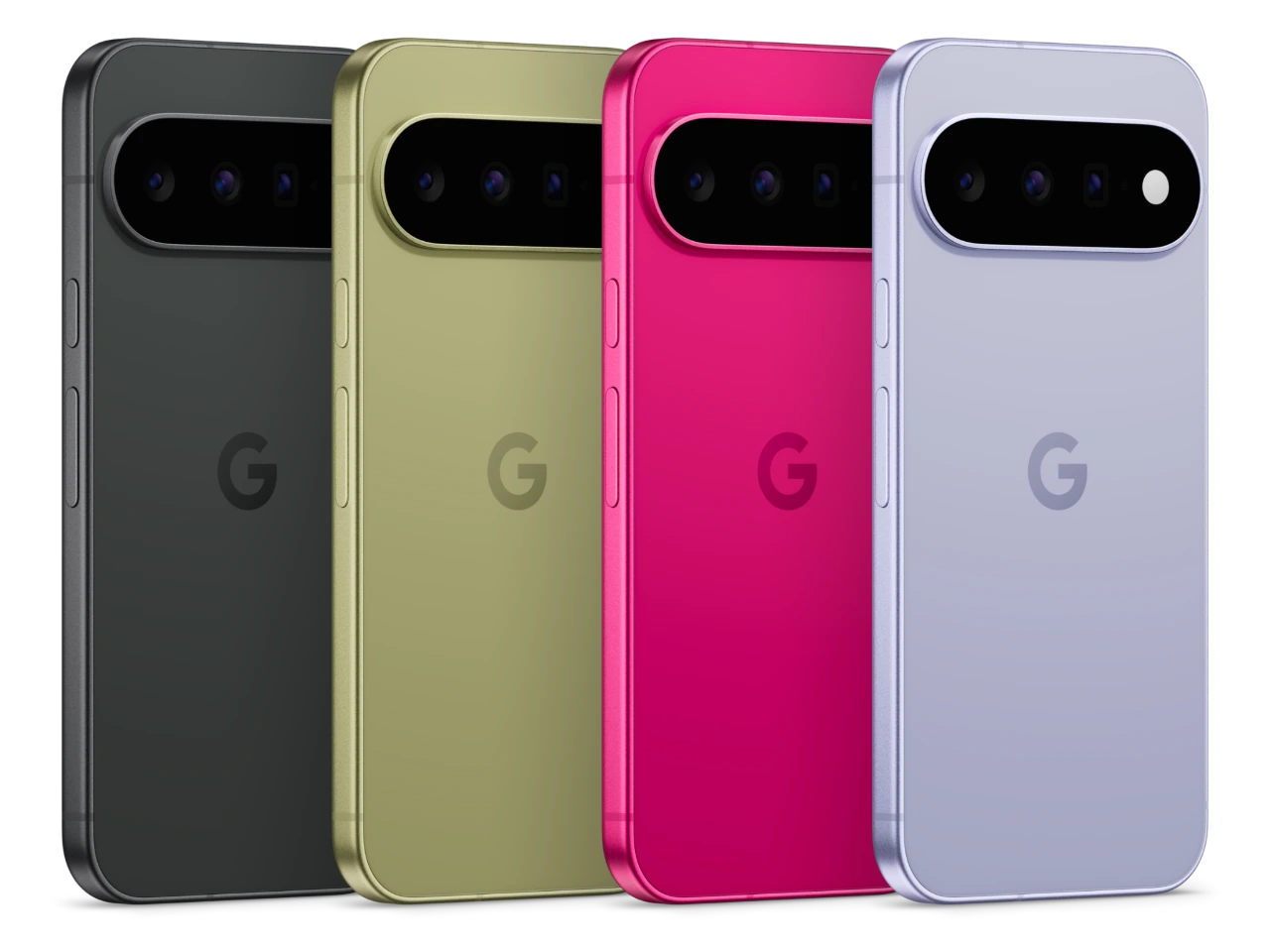 Four Google Pixel 11 phones shown from the rear in Obsidian, Pistachio, Hibiscus and Frost.