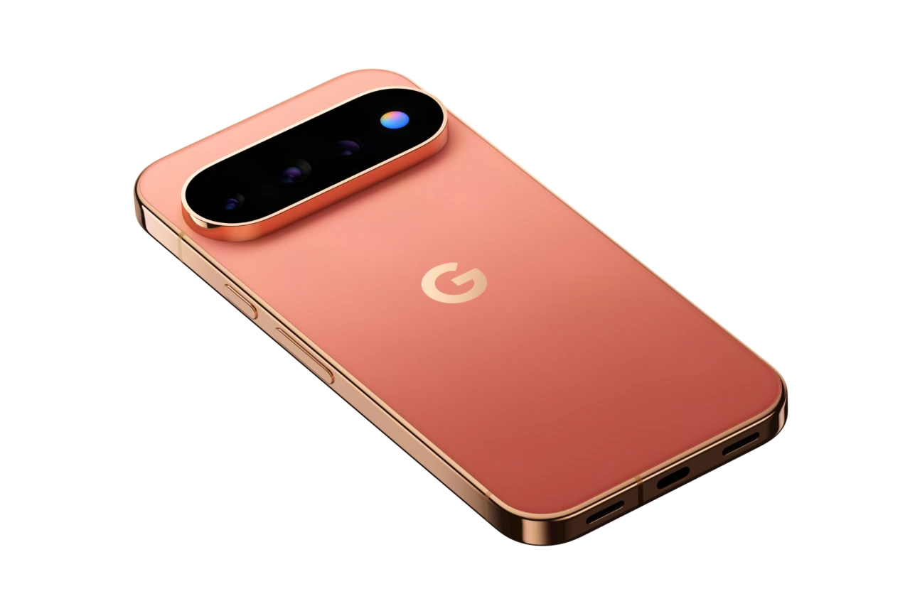 Rear three-quarter view of the Google Pixel 11 Pro in Canyon, showing its triple-camera bar.