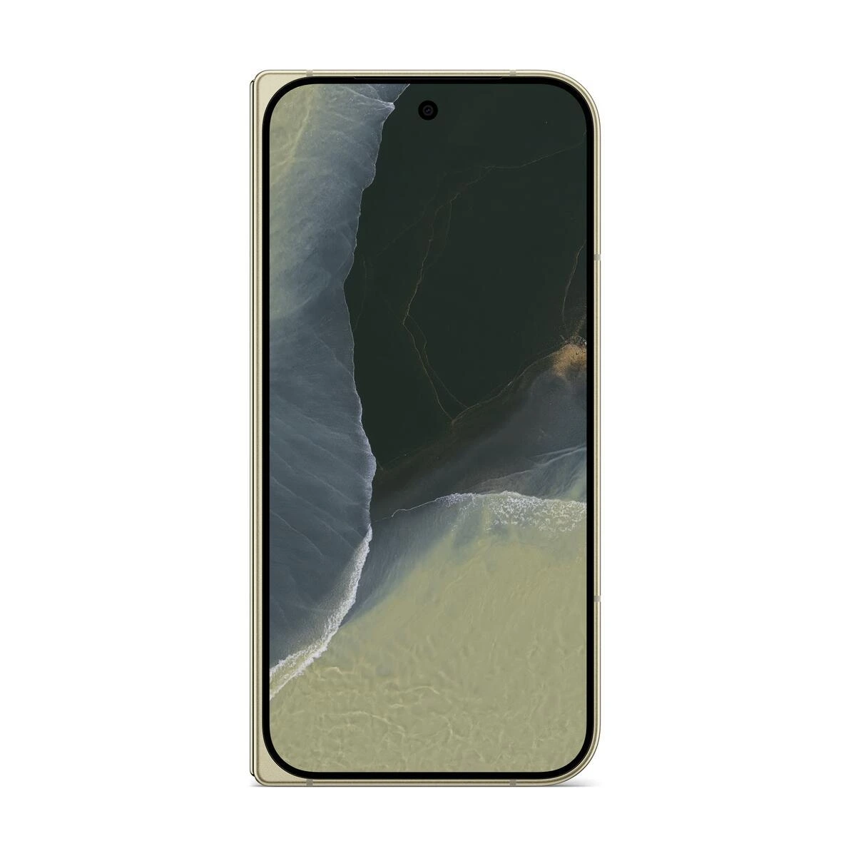 Front view of the closed Olive Google Pixel 11 Pro Fold showing its 6.5-inch outer display.