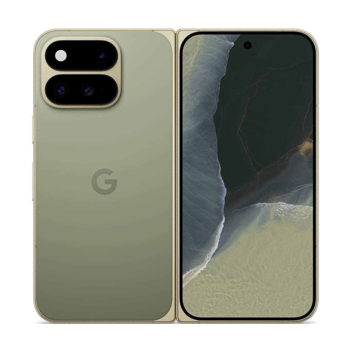 Olive Google Pixel 11 Pro Fold shown from the back and front while closed.