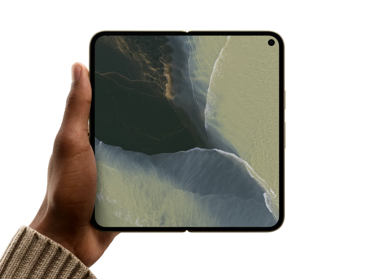 Open Olive Google Pixel 11 Pro Fold held in one hand, showing its 8-inch inner display.