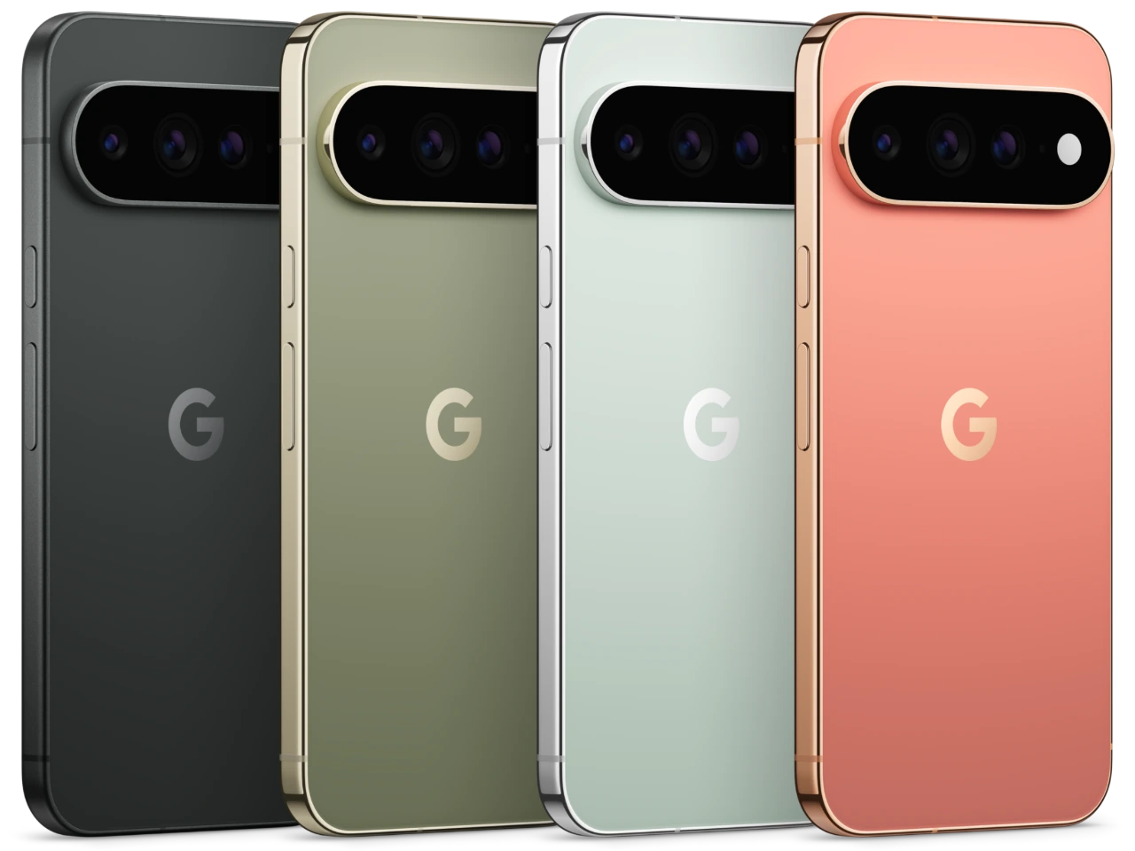 Rear views of four Google Pixel 11 Pro XL phones in Obsidian, Olive, Fog and Canyon.