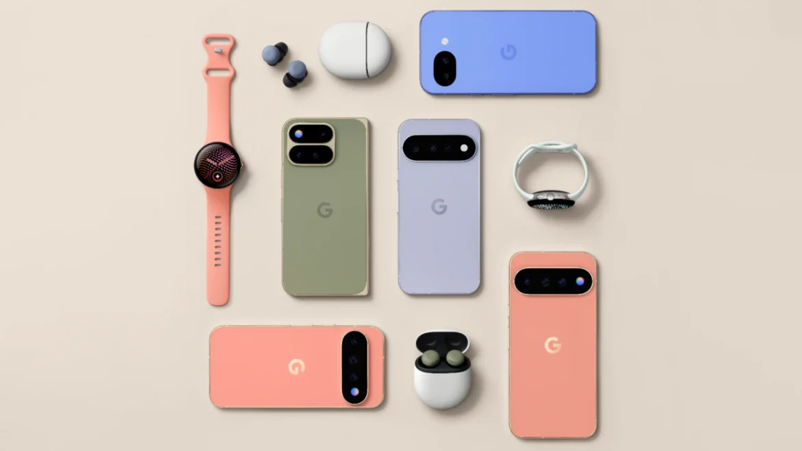 Assorted Google Pixel devices arranged on a light background, including Pixel 11 phones, Pixel Watches and Pixel Buds.