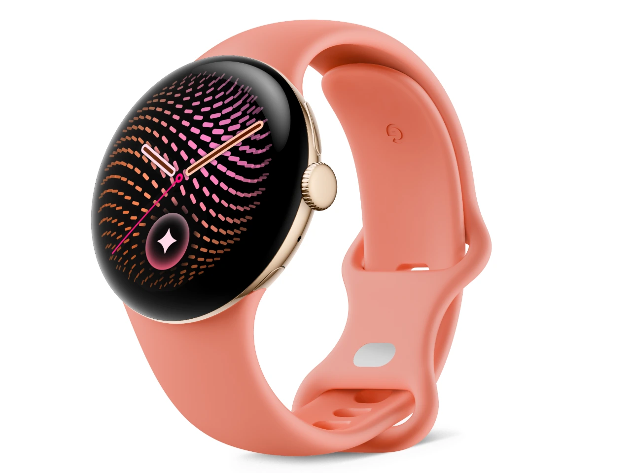 Three-quarter front view of the Google Pixel Watch 5 with a Canyon band.