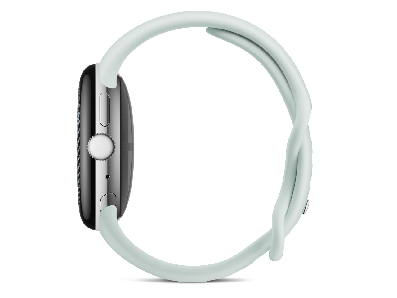 Side profile of the Google Pixel Watch 5 with a Fog band, showing the crown and side button.
