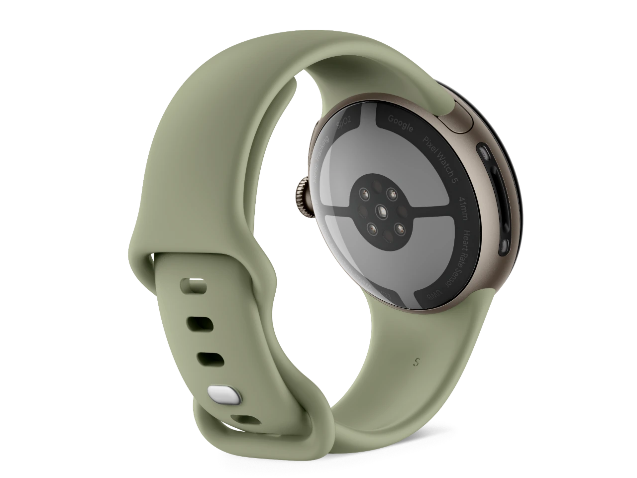 Rear three-quarter view of the Google Pixel Watch 5 with an Olive band, showing the underside sensors.