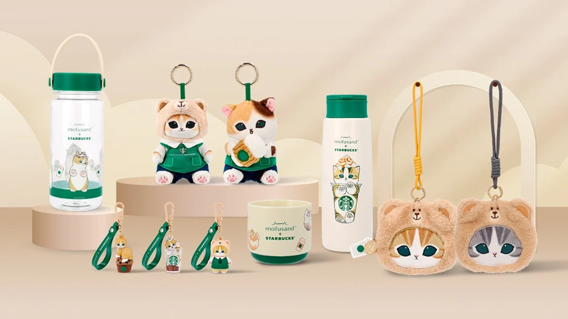 Mofusand x Starbucks Singapore 2026 collection with drinkware, plush keychains, wristlet pouches and blind-box keychains.