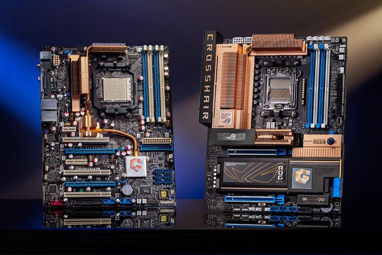 Original ROG Crosshair motherboard on the left beside the new Crosshair 2006 anniversary motherboard on the right.