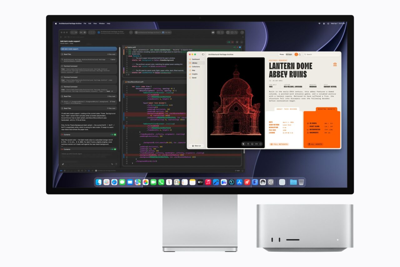 Mac Studio beside a display showing Xcode.