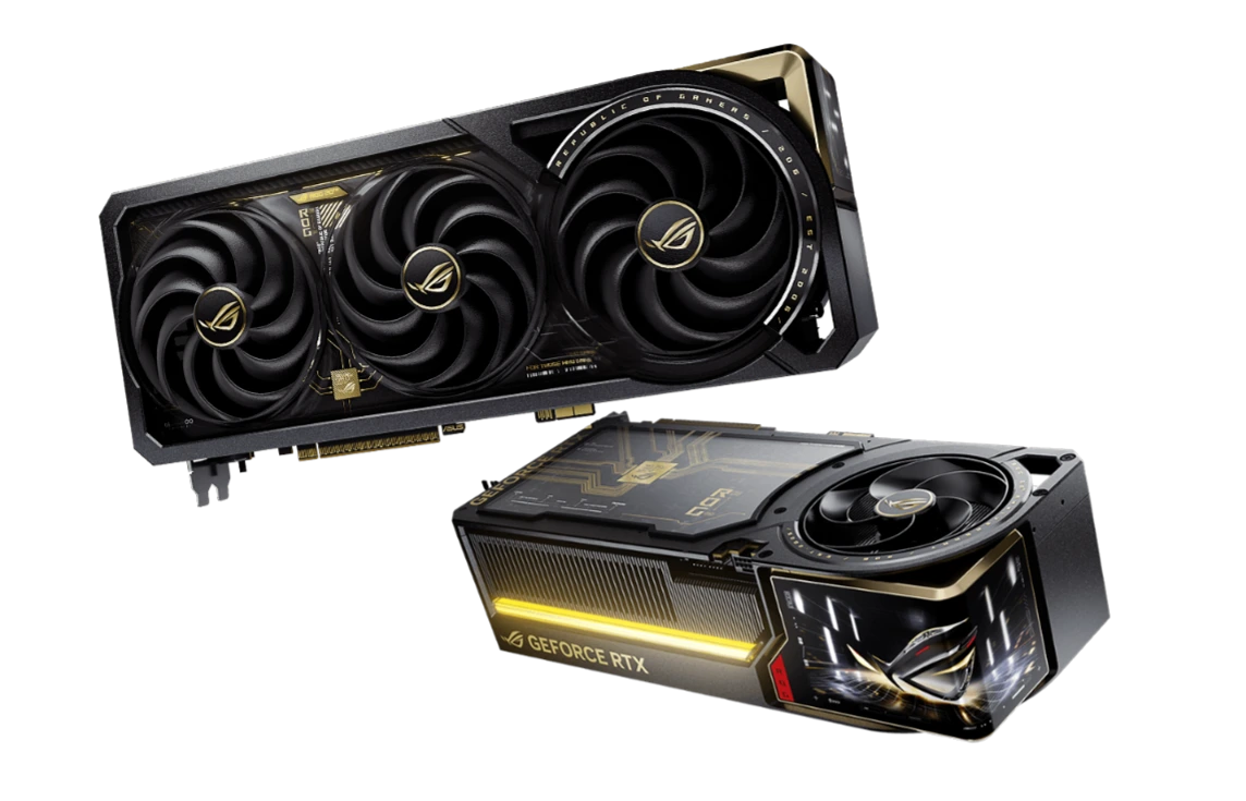 Front and rear views of the black-and-gold ROG Astral GeForce RTX 5090 Edition 20 graphics card.
