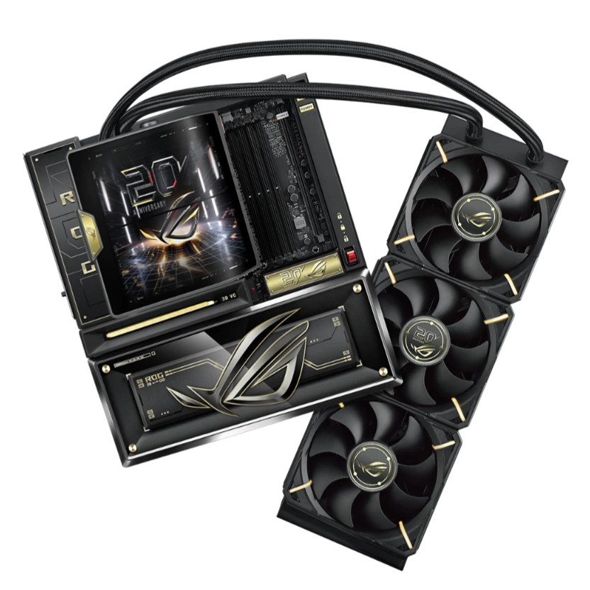 ROG Crosshair X870E Edition 20 motherboard and liquid-cooling hardware in a black-and-gold anniversary design.