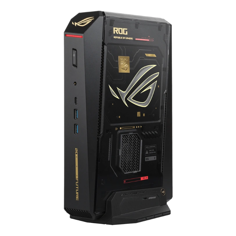 Compact black-and-gold ROG NUC 16 Edition 20 mini PC standing vertically on a black background.
