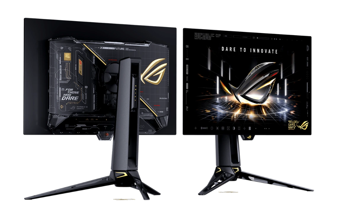 Front and rear views of the black-and-gold ROG Swift OLED PG27AQWP-G Edition 20 gaming monitor.