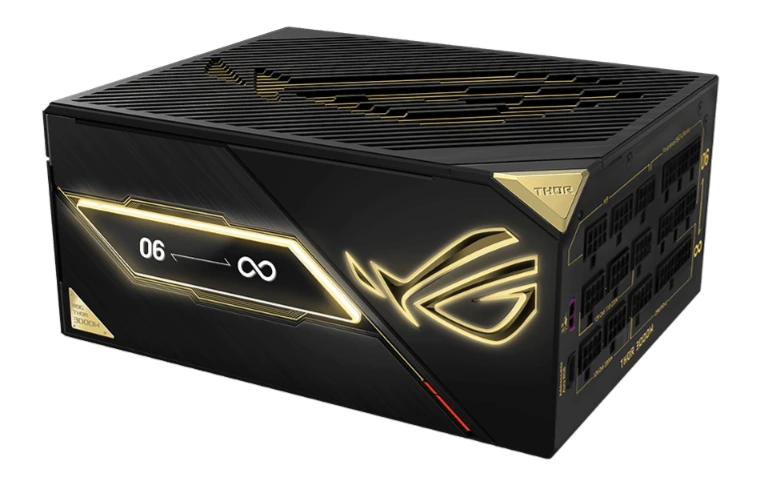 Black-and-gold ROG Thor 3000W Titanium III Edition 20 power supply on a black background.