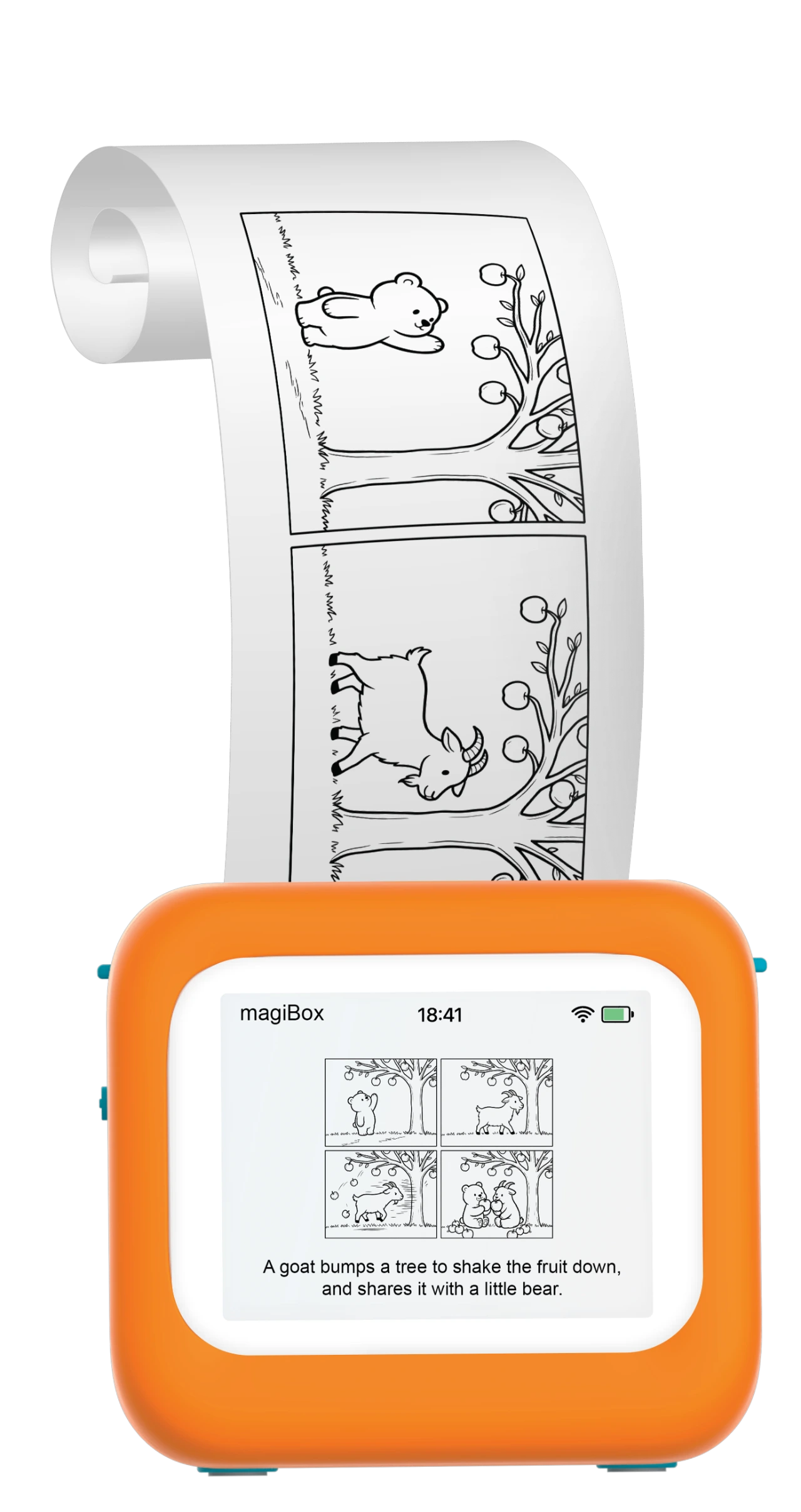 Orange Insta magiBox displaying a four-panel goat-and-bear story, with printed comic panels emerging from the printer.