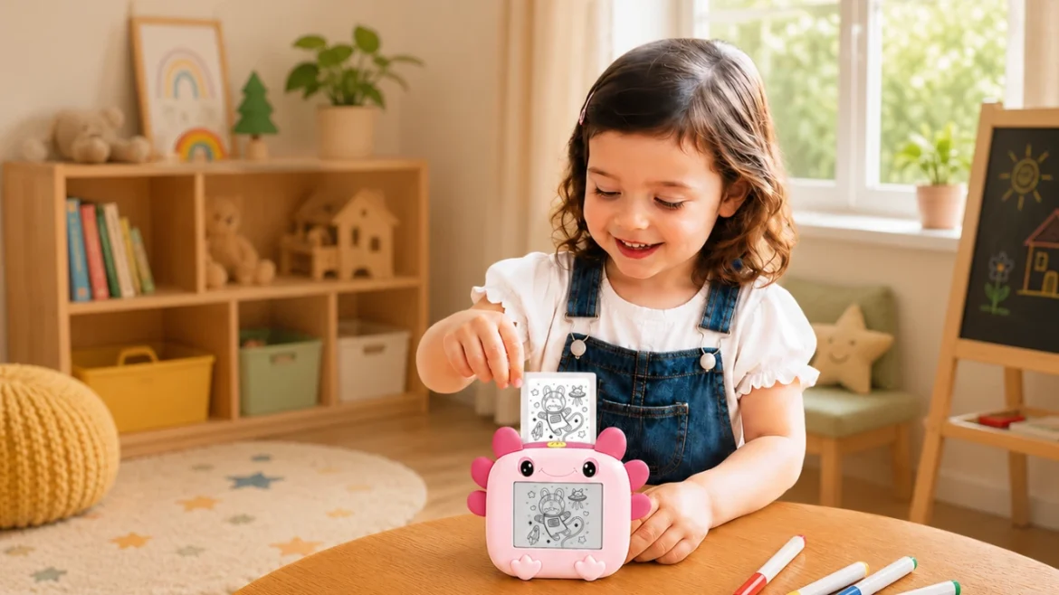 Child using a pink Insta magiBox at a table with printed illustrations and coloured markers.