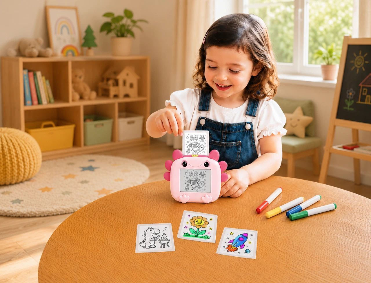 Child using a pink Insta magiBox at a table with printed illustrations and coloured markers.