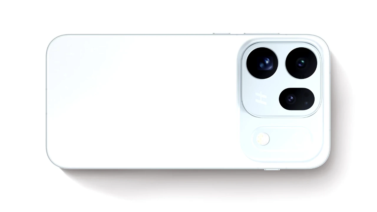 Light blue OPPO Find X10 viewed from the back, showing its rear camera array.